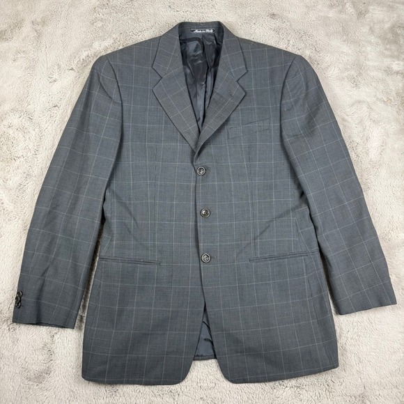Armani Collezioni Plaid Blazer Sport Coat Made Italy‎ Gray 40R Wool Blend Career